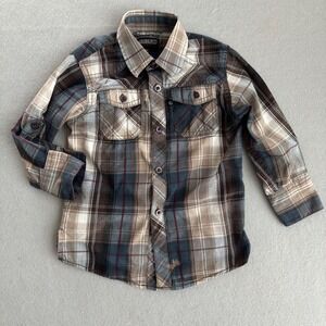Gioberti Italy Boys 4T Plaid Button Down Shirt Brown Blue LS-22R Long Sleeve
